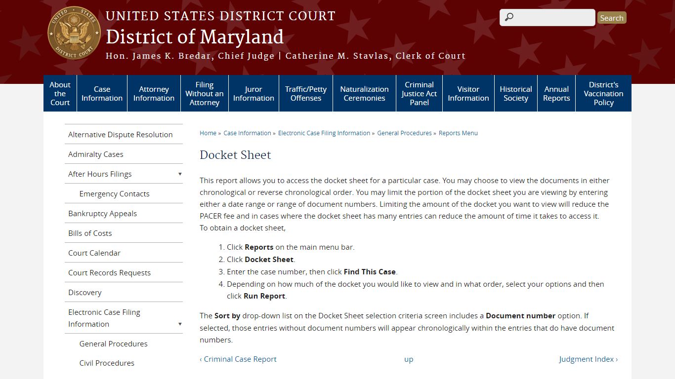 Docket Sheet | District of Maryland | United States District Court